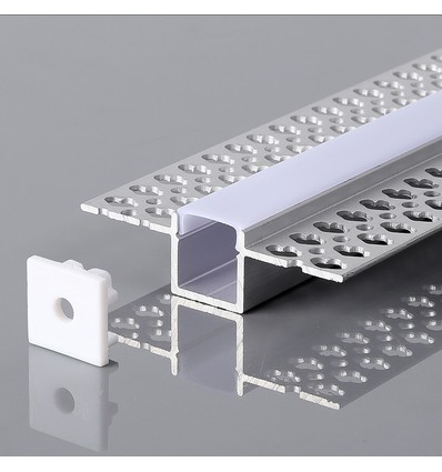 2m Alu profil til indbygning, sølv - 2000x55x15mm, inkl. mælkehvidt cover, max 12,4mm strip, IP20