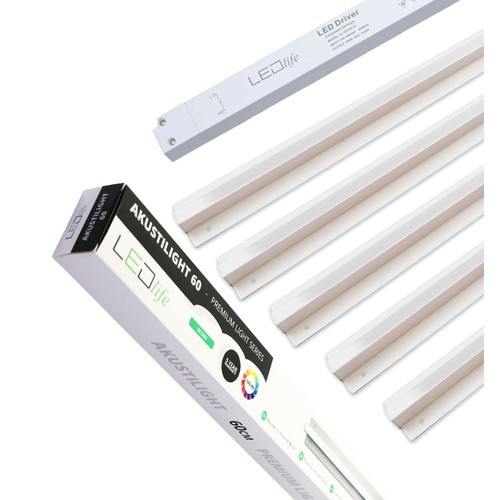 Troldtekt LED dæmpbar Skinnesæt 5x90 cm - Planforsænket, Fjernbetjening dæmpbar, Akustilight inkl. ledninger og driver