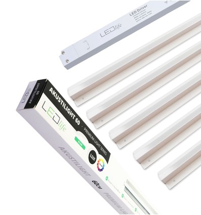 Troldtekt LED dæmpbar Skinnesæt 5x90 cm - Planforsænket, Fjernbetjening dæmpbar, Akustilight inkl. ledninger og driver