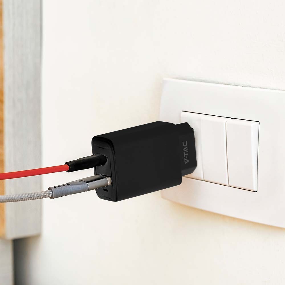 20W USB rejseadapter med PD og QC - Sort, hurtiglader, 1x USB-A og 1x USB-C PD