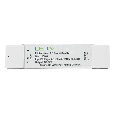 100W 24V strømforsyning - Flicker free, 24V DC, 4,16A, IP20 indendørs