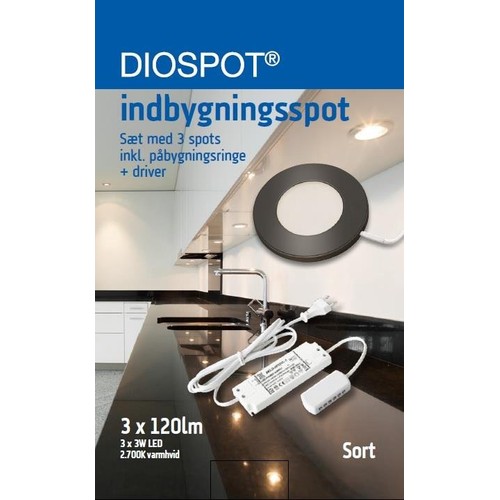 DIOSPOT LED Møbelspot 3W 2700K Ra90 i Sort - Komplet