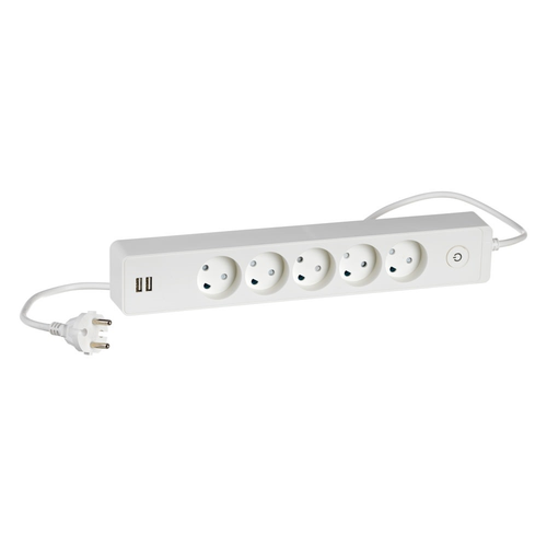 Outlet: Design 5-Stikdåse Med Afbryder og Ledning + 2 USB i Hvid - LAURITZ KNUDSEN