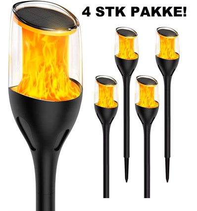Outlet: Eksklusiv LED Solcelle Fakkel, IP65 i Sort - (4 Stk. Pakke)