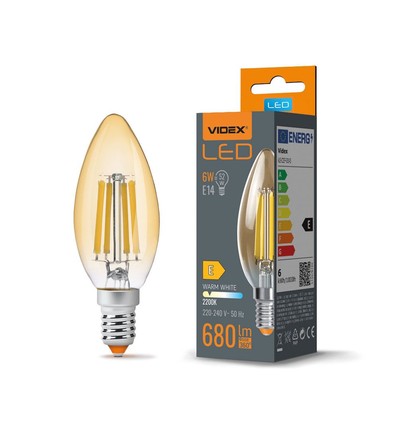 C35 LED-pære 6W E14 - kultråddesign, ravfarvet, ekstra varm hvid, 230V, 680lm, forbrug 6W