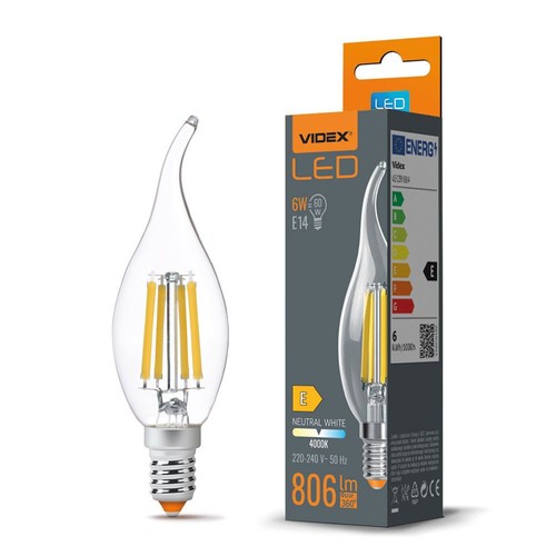 E14 6W LED filament kertepære med flamme - C35, 806lm, 4000K, flicker free, erstatter 60W