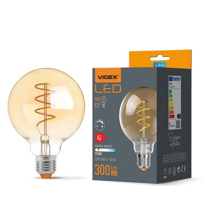 E27 4W dæmpbar LED pære - G95, spiral filament, amber glas, 2200K, flicker free