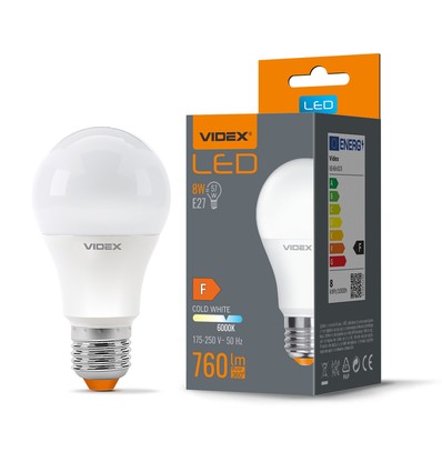 E27 8W LED pære - A60, 760lm, 6000K kold hvid, flicker free