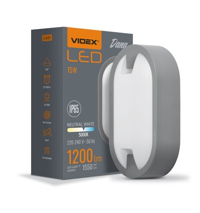 15W LED bulkhead væg/loftlampe - IP65, 1200lm, 5000K, grå, IK07, oval