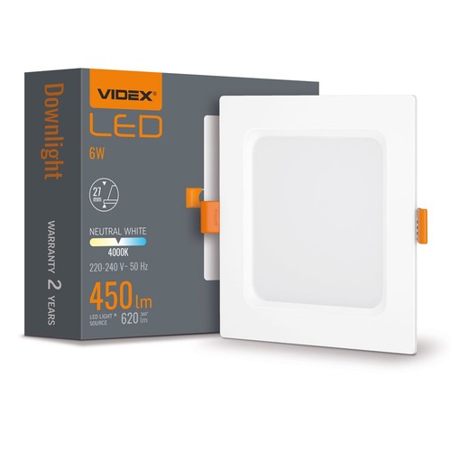 6W kvadratisk LED indbygningspanel - 450lm, 4000K, hvid kant, Hul: Ø9,5-10 cm, Mål: 12x12 cm