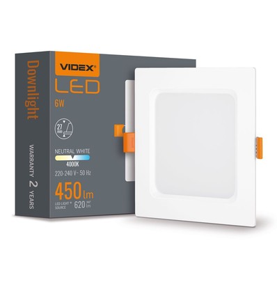 LED downlight 6W - firkantet, neutral hvid, 230V, 620lm, forbrug 6W