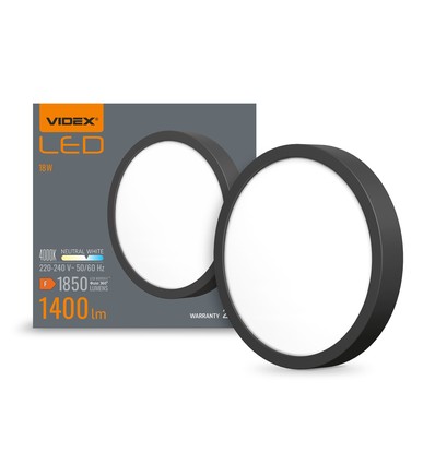 LED loftlampe 18W - rundt, sort, neutral hvid, 230V, 1850lm