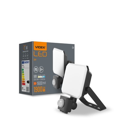 20W LED projektør med sensor - IP65, 5000K, sort, udendørs, bevægelsessensor