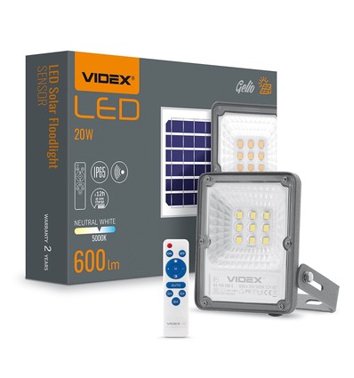 Gelio projektør 20W - LED, solcelle, flood, sensor, neutral hvid, lysstyrke: 600