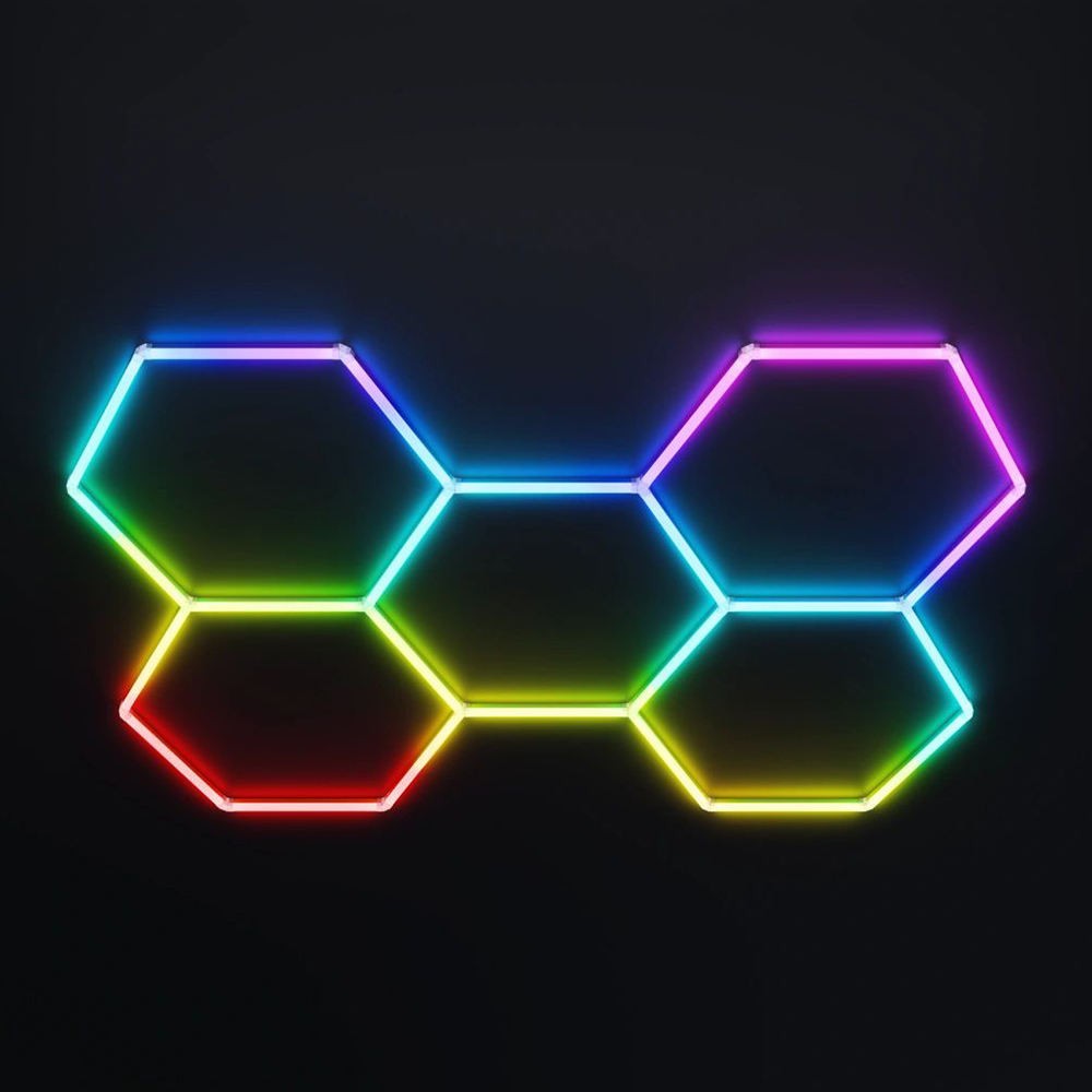 Hexagon RGBIC 5 felter komplet sæt - 80W. inklusiv bluetooth controller og strømforsyning - Kulør : RGBIC