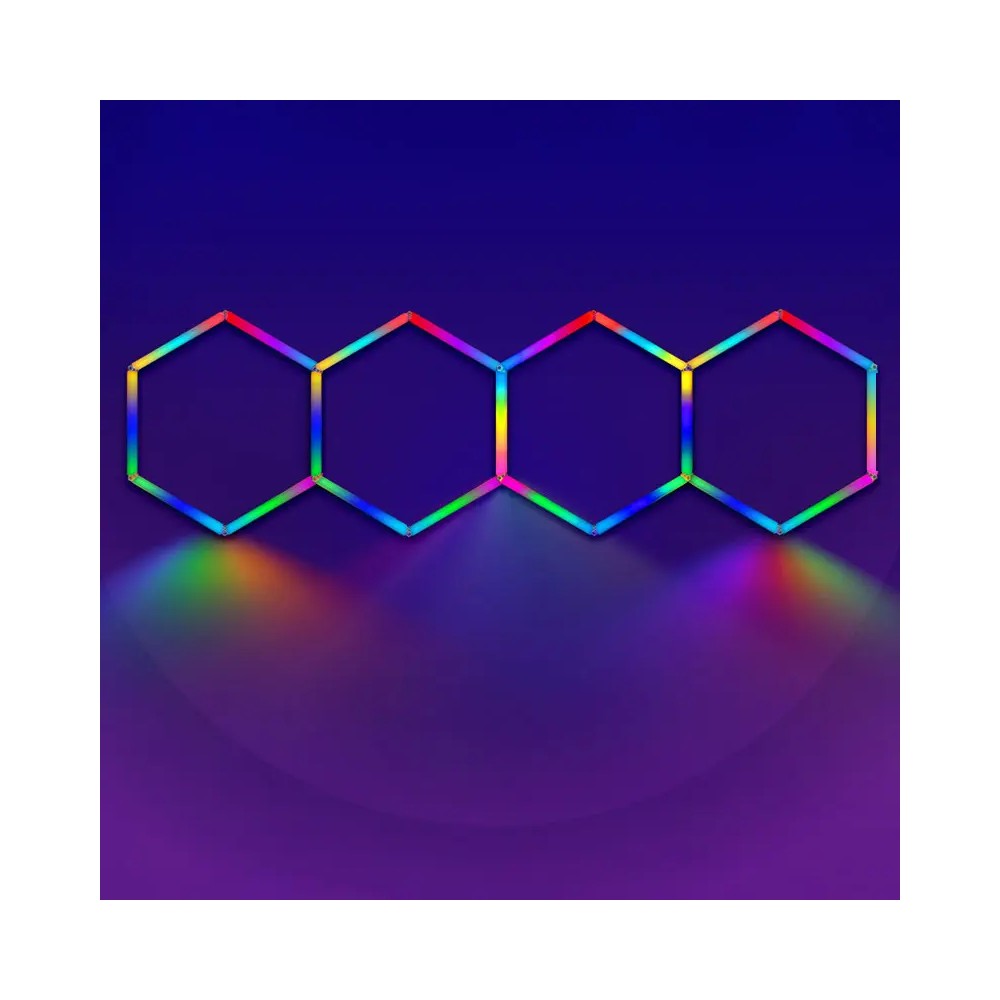 Hexagon RGBIC 4 felter komplet sæt - 70W. inklusiv bluetooth controller og strømforsyning - Kulør : RGBIC