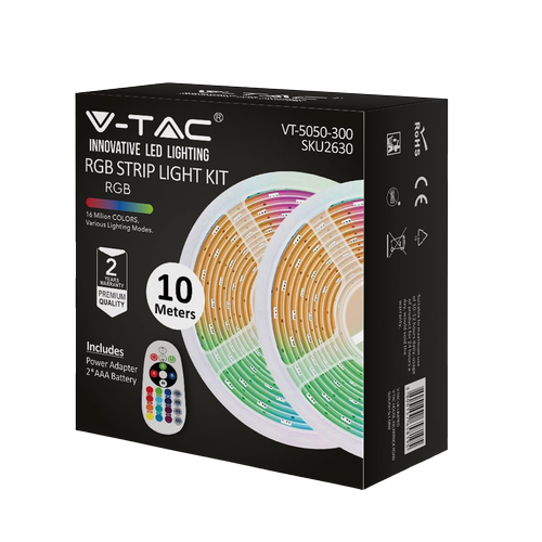 10m 4,8W/m RGB strip sæt - 12V DC, IP20, Inkl. fjernbetjening og strømforsyning (2x5m)