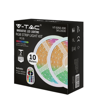 10m (2x5m) RGB strip sæt - inkl. fjernbetjening og strømforsyning, 4,8W/m, IP20