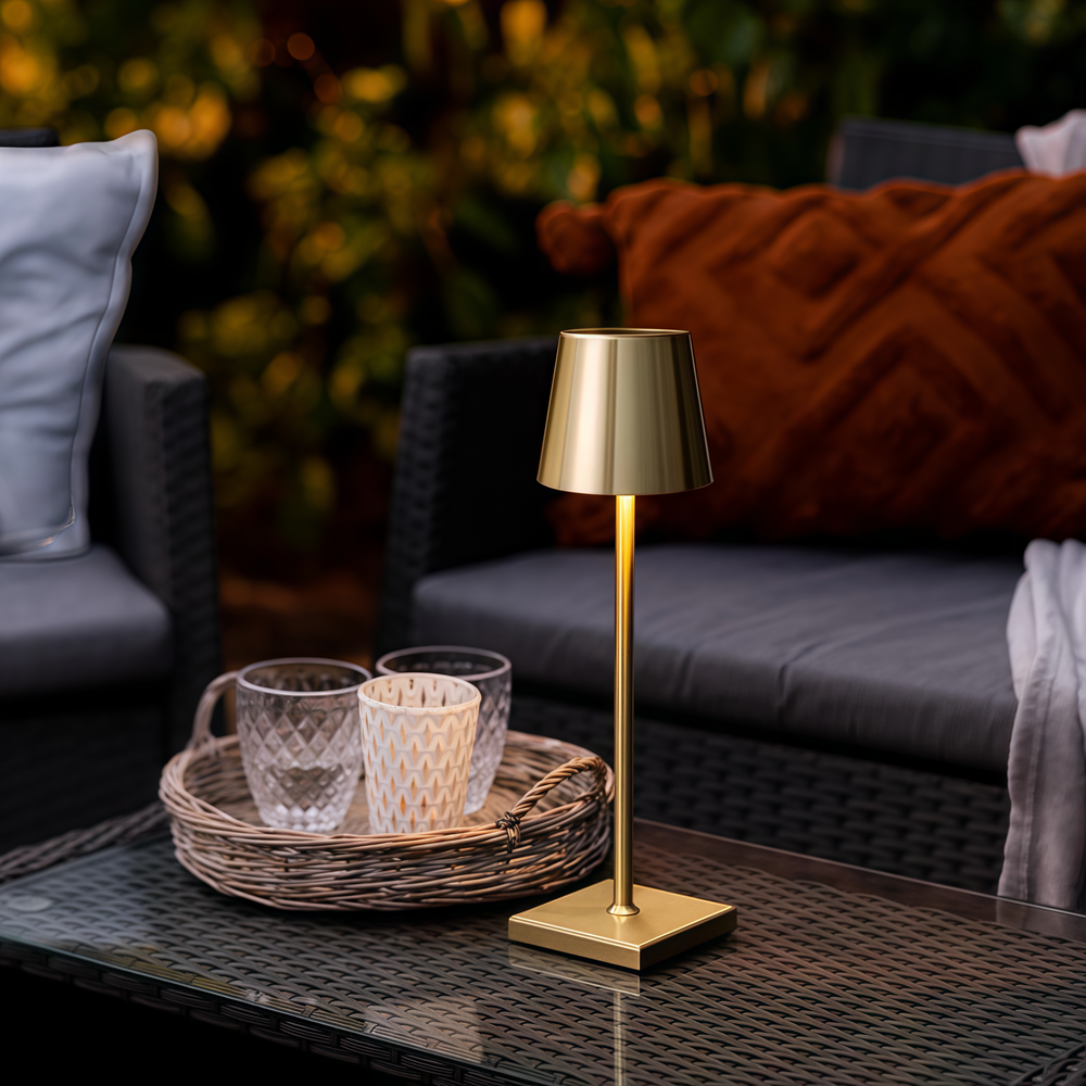 Opladelig LED mini bordlampe - Guld, touch dæmpbar, IP54 - Dæmpbar : Dæmpbar, Kulør : Varm billede