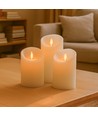 LED Bloklys, 3 stk, Ø7,5cm, bevægelig flamme, hvid - Inkl. fjernbetjening og timer, 10/13/15cm høj, ægte stearin