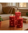 LED Bloklys 3 stk sæt med lyskæde, flammeeffekt - Ø7,5cm, 10/12,5/15cm høj, inkl. fjernbetj, timer, ægte stearin, Rød