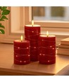 LED Bloklys 3 stk sæt med lyskæde, flammeeffekt - Ø7,5cm, 10/12,5/15cm høj, inkl. fjernbetj, timer, ægte stearin, Rød