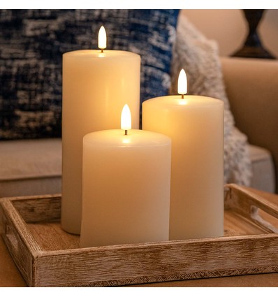 LED Bloklys, 3 stk, flammeeffekt, hvid - Inkl fjernbetjening og timer, 10/12,5/15cm høj, Ø7,5cm, ægte stearin