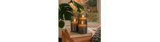 LED Bloklys sæt i røgfarvet glas Ø7,5cm, 3 stk, flammeeffekt - Inkl. fjernbetjening og timer, 10/12,5/15cm høj, ægte stearin