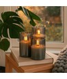 LED Bloklys sæt i røgfarvet glas Ø7,5cm, 3 stk, flammeeffekt - Inkl. fjernbetjening og timer, 10/12,5/15cm høj, ægte stearin