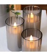 LED Bloklys sæt i røgfarvet glas Ø7,5cm, 3 stk, flammeeffekt - Inkl. fjernbetjening og timer, 10/12,5/15cm høj, ægte stearin