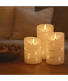 LED Bloklys 3 stk sæt med lyskæde, flammeeffekt - Ø7,5cm, 10/12,5/15cm høj, inkl. fjernbetj, timer, ægte stearin