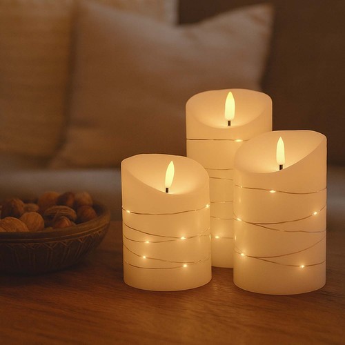 LED Bloklys 3 stk sæt med lyskæde, flammeeffekt - Ø7,5cm, 10/12,5/15cm høj, inkl. fjernbetjening, timer, ægte stearin