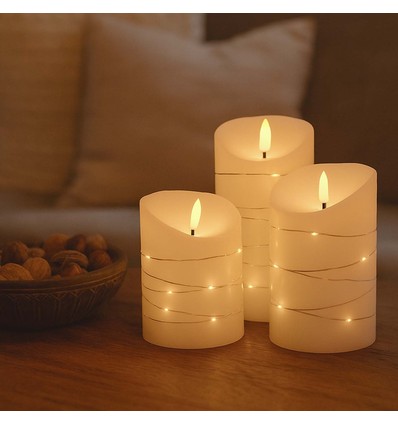 LED Bloklys 3 stk sæt med lyskæde, flammeeffekt - Ø7,5cm, 10/12,5/15cm høj, inkl. fjernbetj, timer, ægte stearin
