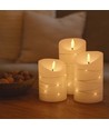 LED Bloklys 3 stk sæt med lyskæde, flammeeffekt - Ø7,5cm, 10/12,5/15cm høj, inkl. fjernbetj, timer, ægte stearin