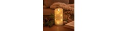 LED Bloklys med lyskæde, 15cm høj, flammeeffekt - Ø7,5cm, 15cm høj, virker m. fjernbetj, ægte stearin