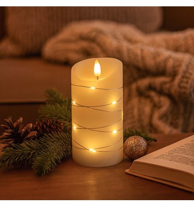 LED Bloklys med lyskæde, 15cm høj, flammeeffekt - Ø7,5cm, 15cm høj, virker m. fjernbetj, ægte stearin