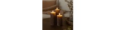 LED Træ-look bloklys 3 stk sæt, smelte-look, flammeeffekt - Ø5,5cm, 10/12,5/15cm høj, Inkl fjernbetj, ægte stearin