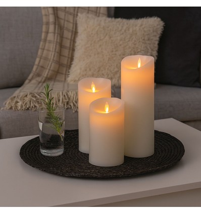LED Bloklys XL, 3 stk, Ø10cm, 17,5/22,5/30cm høj, bevægelig flamme, hvid - Inkl. fjernbetjening og timer, , ægte stearin
