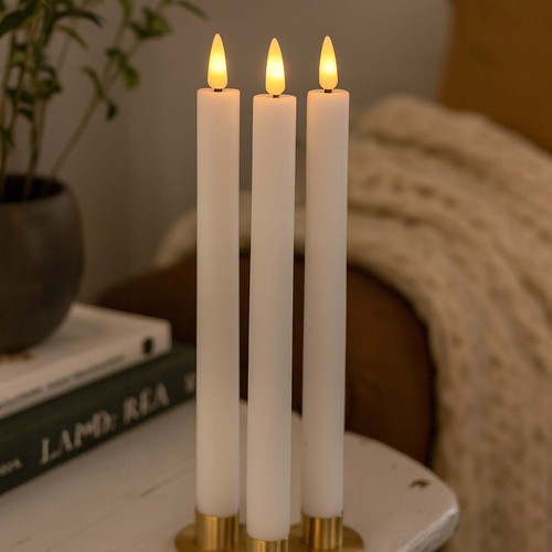 3-pak hvide LED stearinlys, flammeeffekt - Ø2,2cm, Højde: 24,5cm, stagelys, inkl. fjernb., timer, batteri