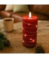 LED Bloklys med lyskæde, 15cm høj, flammeeffekt - Ø7,5cm, virker m. fjernbetj, ægte stearin, rød