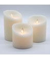LED Bloklys Ø10cm, 3 stk, bevægelig flamme, hvid - Inkl. fjernbetjening og timer, 10/12,5/15cm høj, ægte stearin