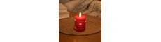 LED Bloklys med lyskæde, 10cm høj, flammeeffekt - Ø7,5cm, 10cm høj, virker m. fjernbetj, ægte stearin, rød