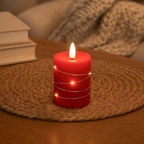 LED Bloklys med lyskæde, 10cm høj, flammeeffekt - Ø7,5cm, 10cm høj, virker m. fjernbetj, ægte stearin, rød