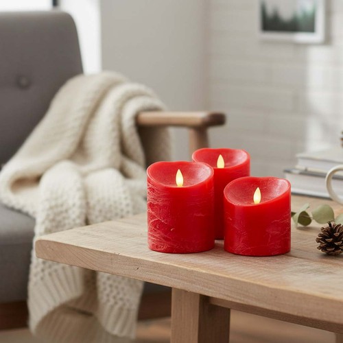 LED Bloklys Ø10cm, 3 stk, bevægelig flamme, rød - Inkl. fjernbetjening og timer, 10/12,5/15cm høj, ægte stearin