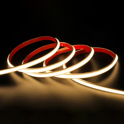 5m 9W/m vandtæt slim COB strip - 230V, IP67, 296/m LED, tape på bagsiden, op til 50m
