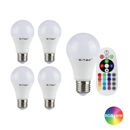 5 stk. RGBW LED pære - 6W, Med RF fjernbetjening, E27