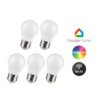 5 stk. E27 5W Wifi LED pære - G45, Tuya/Smart Life, virker med Google Home