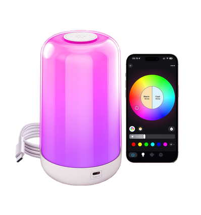 Opladelig RGB+CCT LED bord/natlampe - Bluetooth, Hvid, touch dæmpbar, IP20 indendørs