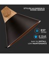 Ø26cm pendel i aluminium med trætop - E27 fatning, max 60W, sort, uden lyskilde
