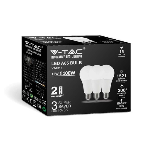 A65 VT-2015 LED 15W E27 - plastpære, 6500K, 200°, 3 stk./pakke